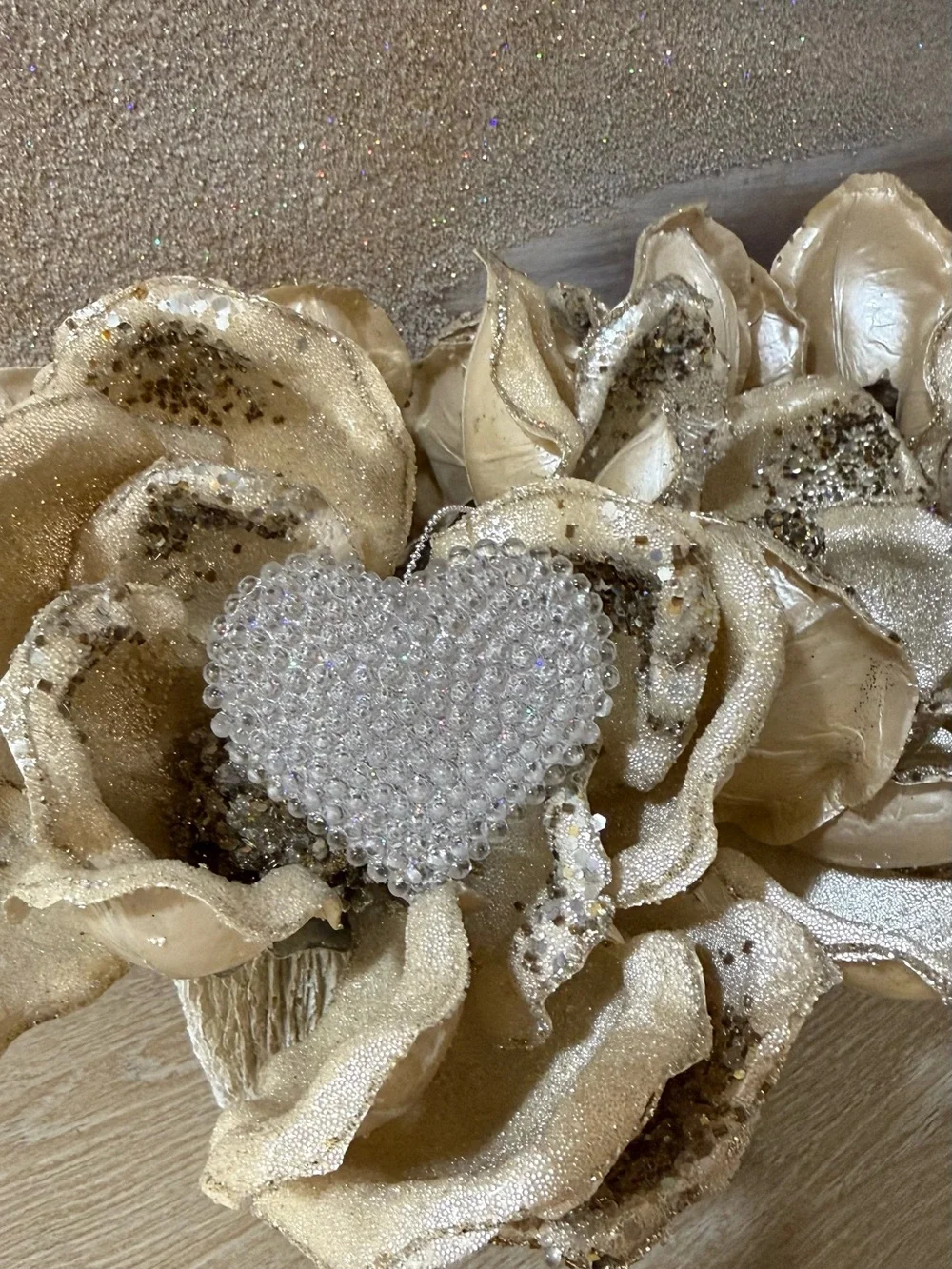 Vtg Clear Hard Plastic Heart Ornament - White Sparkle